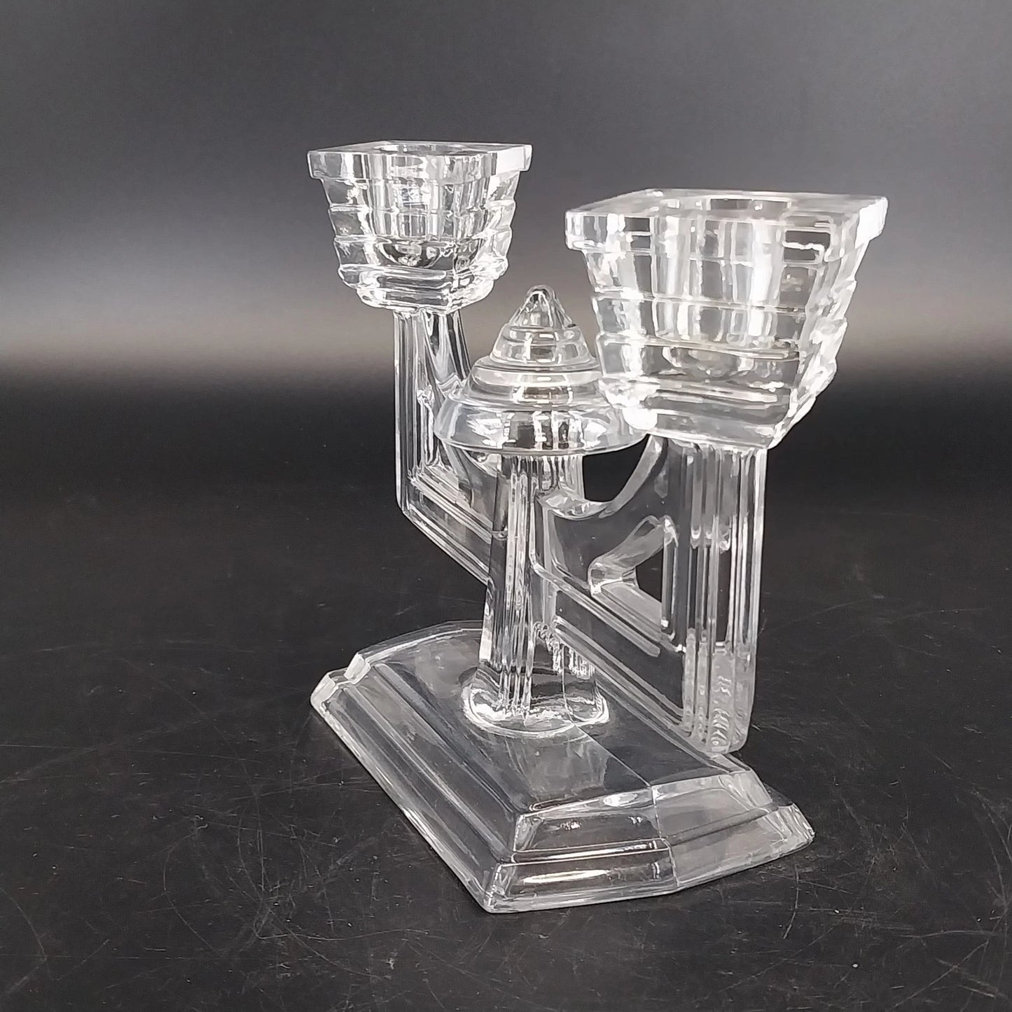 New Martinsville Art Deco Clear Glass Double Candle Holder Candelabra Vtg