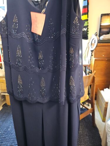 R&M Richards Karen Kwong Navy Wide Leg Jumpsuit Sheer Overlay Size 16