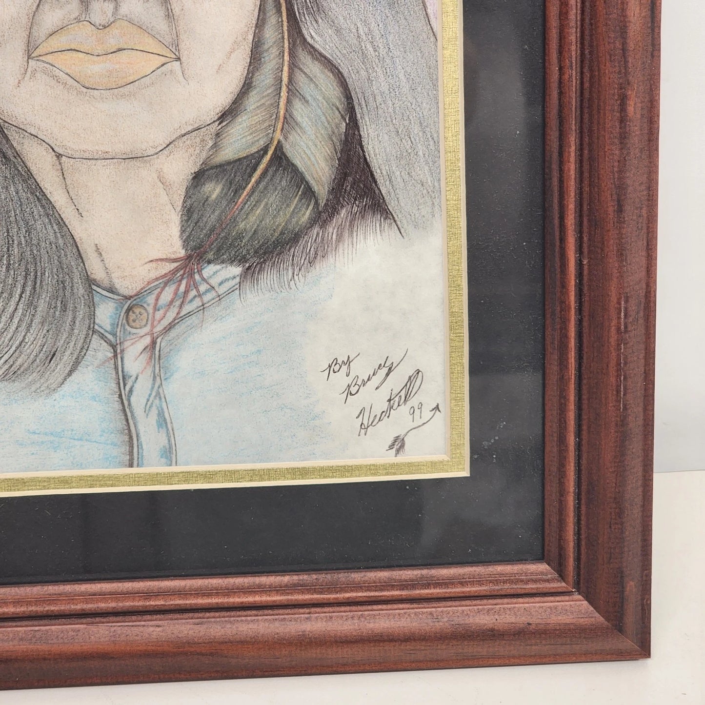 Bruce Heckel Pencil Drawing Native American Feather Earring Signed Art