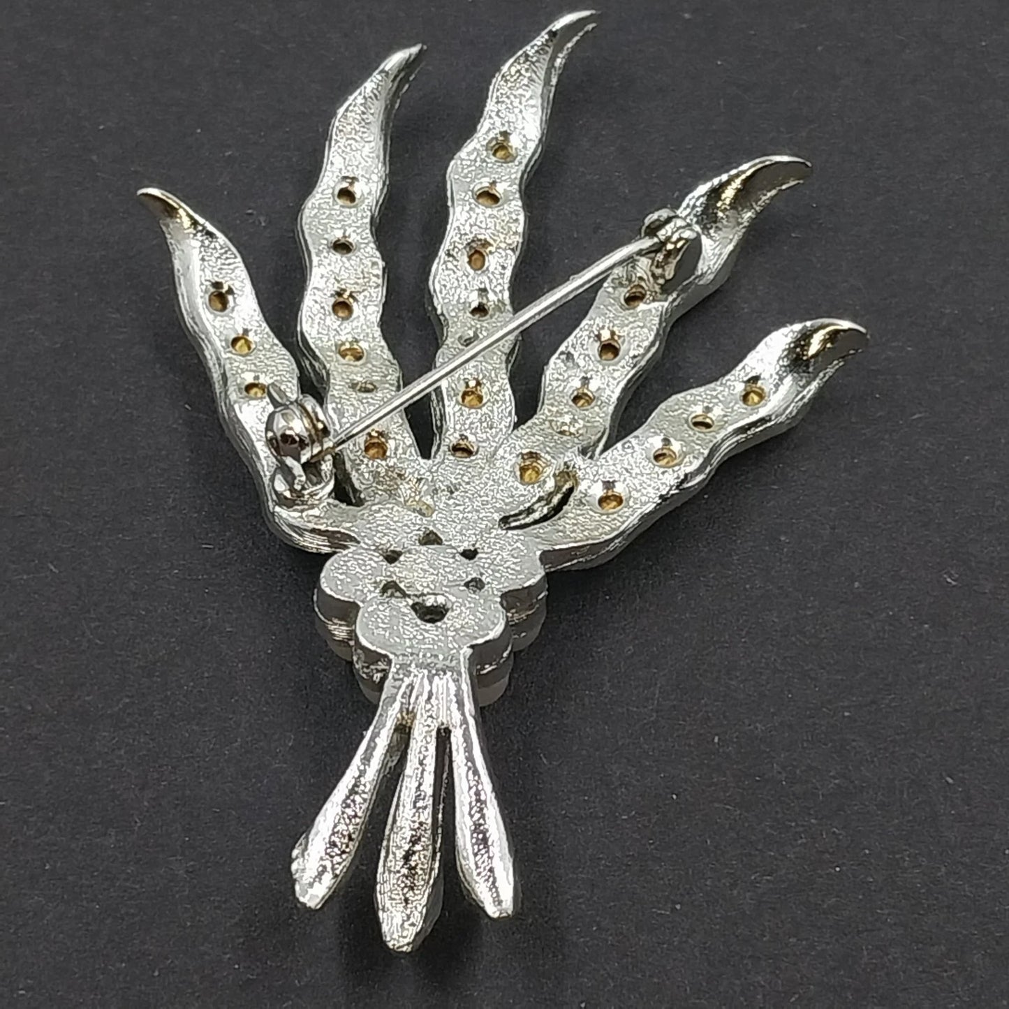 Silver Tone Floral Spray Brooch Rhinestone Faux Pearl Vintage Missing Pearl