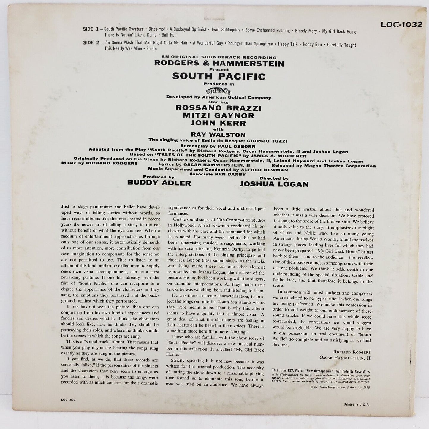 South Pacific Soundtrack RCA LOC-1032 Rodgers & Hammerstein Vinyl