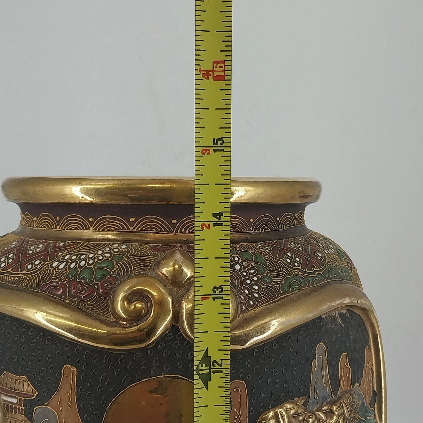 Japanese Moriage Satsuma Vase Lamp Base Gold Gilt Raised Relief 14.5" Antique
