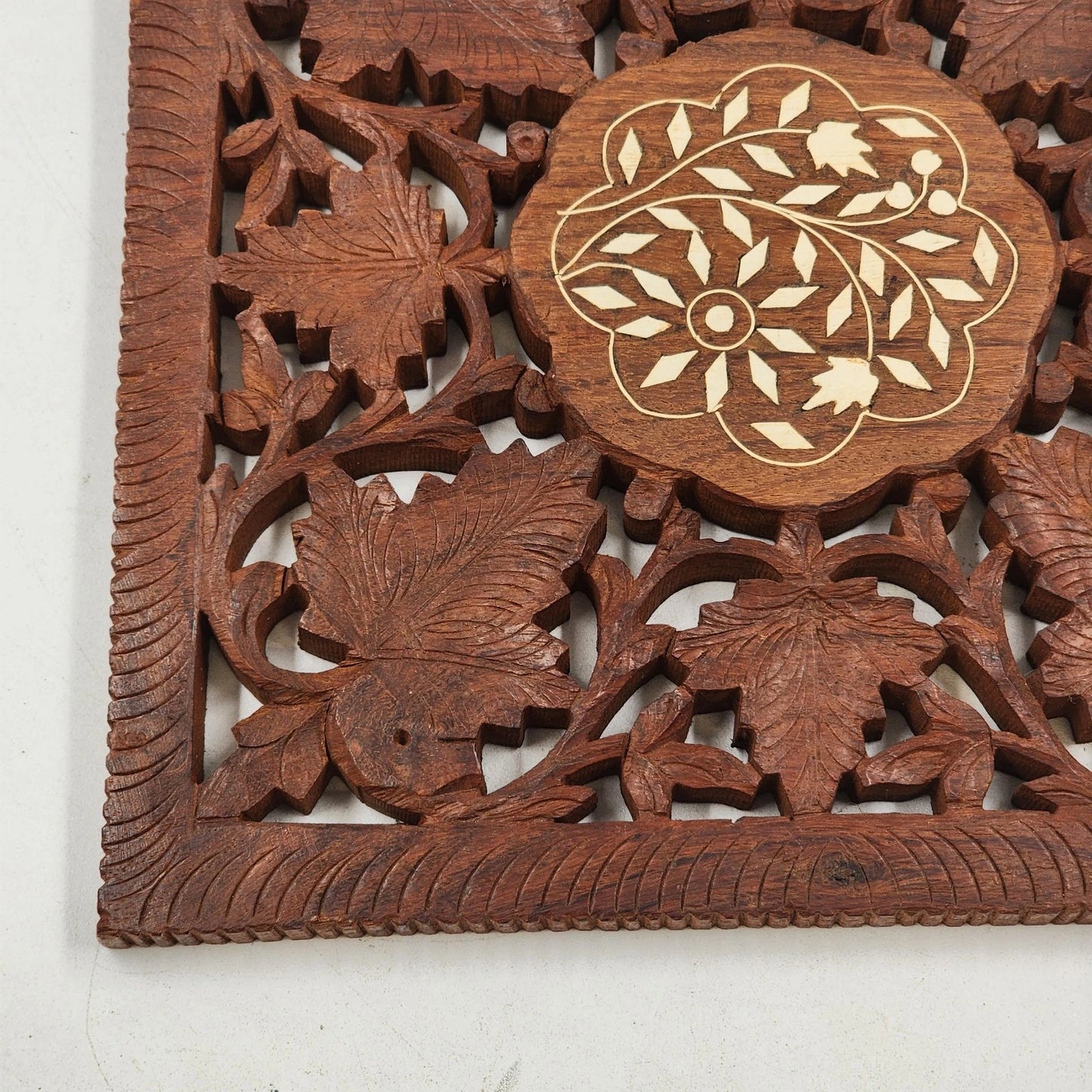 Hand Carved Wood Trivet 8" Square Gold Inlay Floral Leaves Design India Vintage