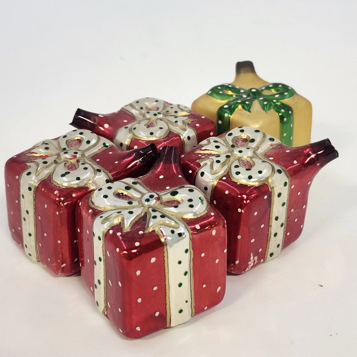 Czech Glass Christmas Present Ornaments Lot 5 Hand Painted Gift Box 1.5" Vintage