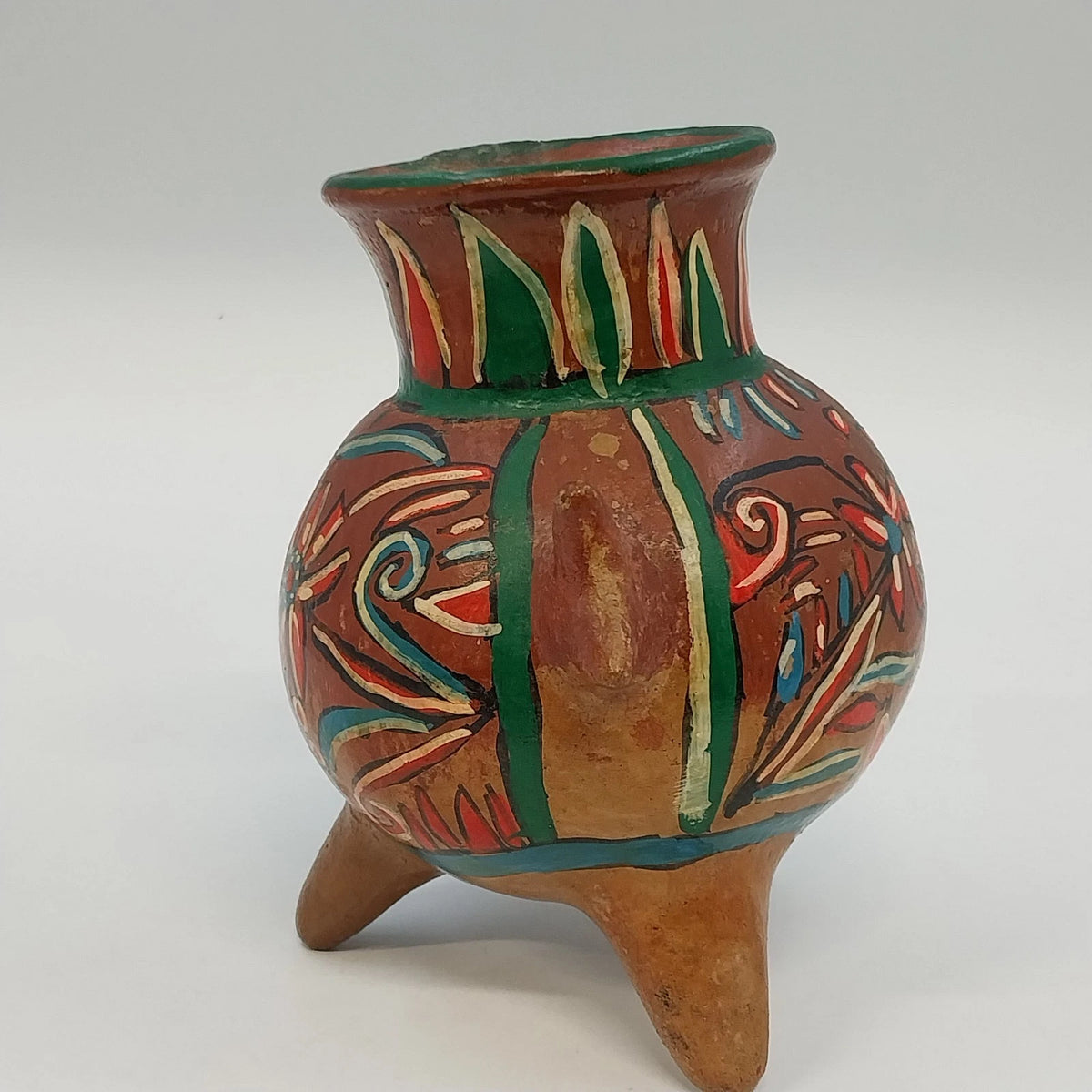 Hand Painted Floral Terracotta Tripod Vase Mexican Pottery Brown Multicolor 6.3"