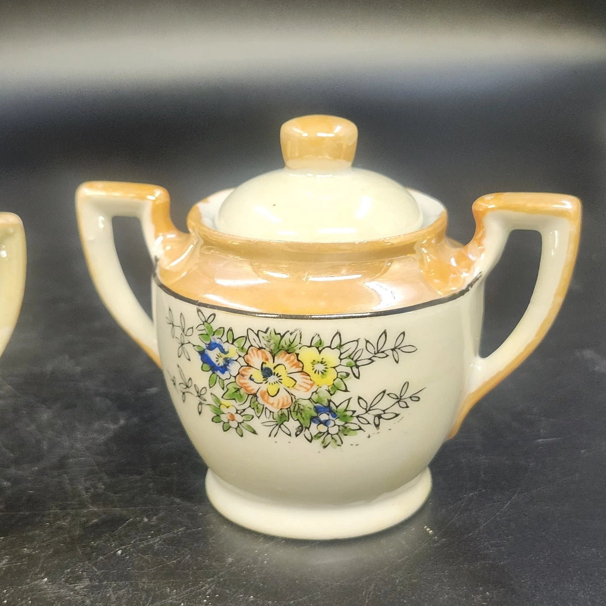 Floral Lusterware Creamer & Covered Sugar Bowl Set Gold Trim Handle Japan