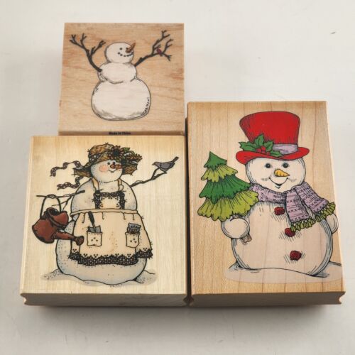 Lot of 3 Snowman and Snowlady Pattern Wooden Mounted Rubber Stamps Vintage