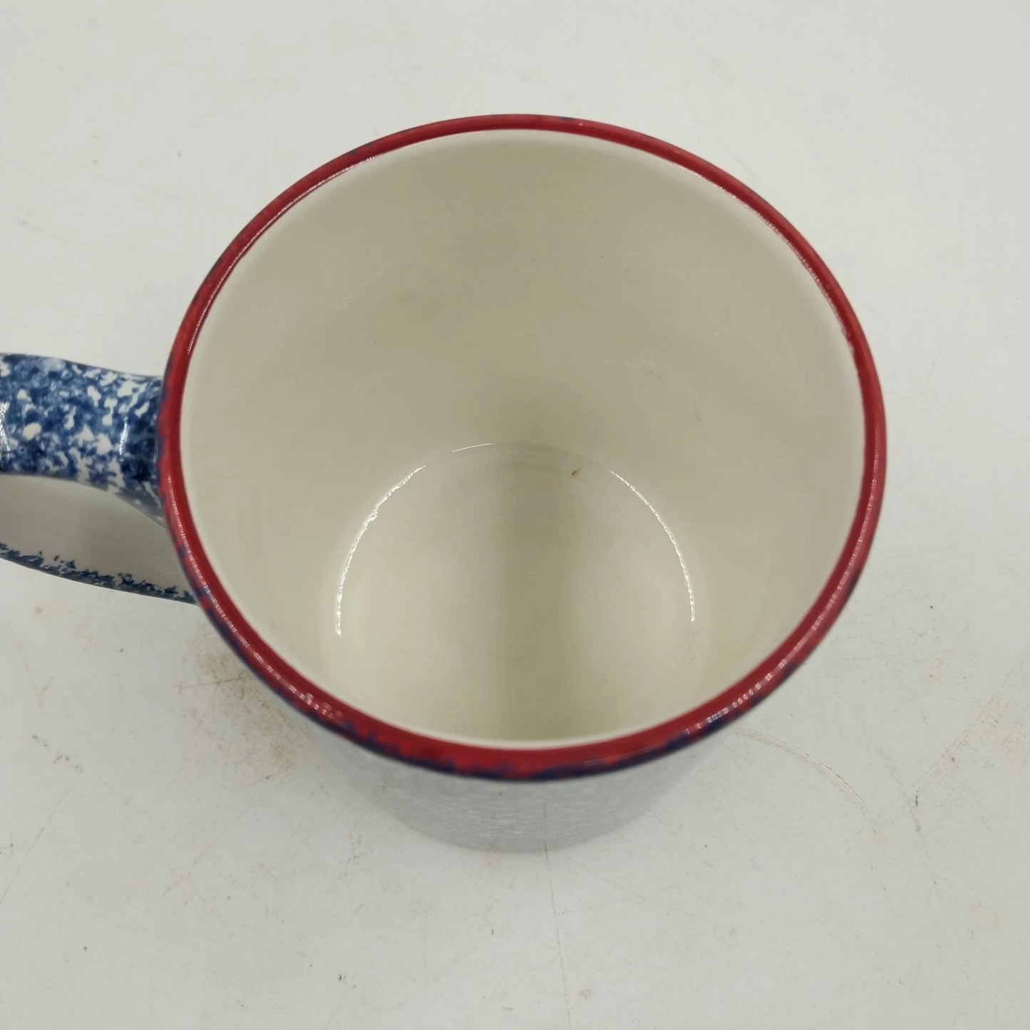 Coffee Mug Cook's Bazaar Holly Mountain Lodge Winter Scene Blue Speckled Rim Vtg