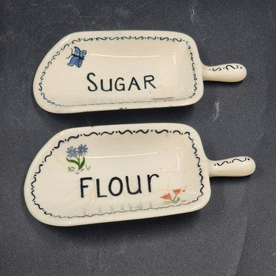 Set Of 2 Ceramic Measuring Scoops Measures Flour and Sugar Hand Painted Homemade