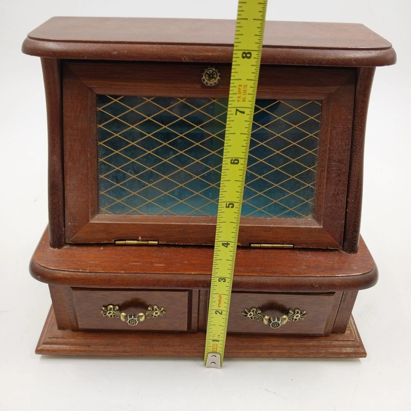 Wooden Musical Jewelry Box Jay Imports Angled Top Gold Diamond Blue Velvet 8"