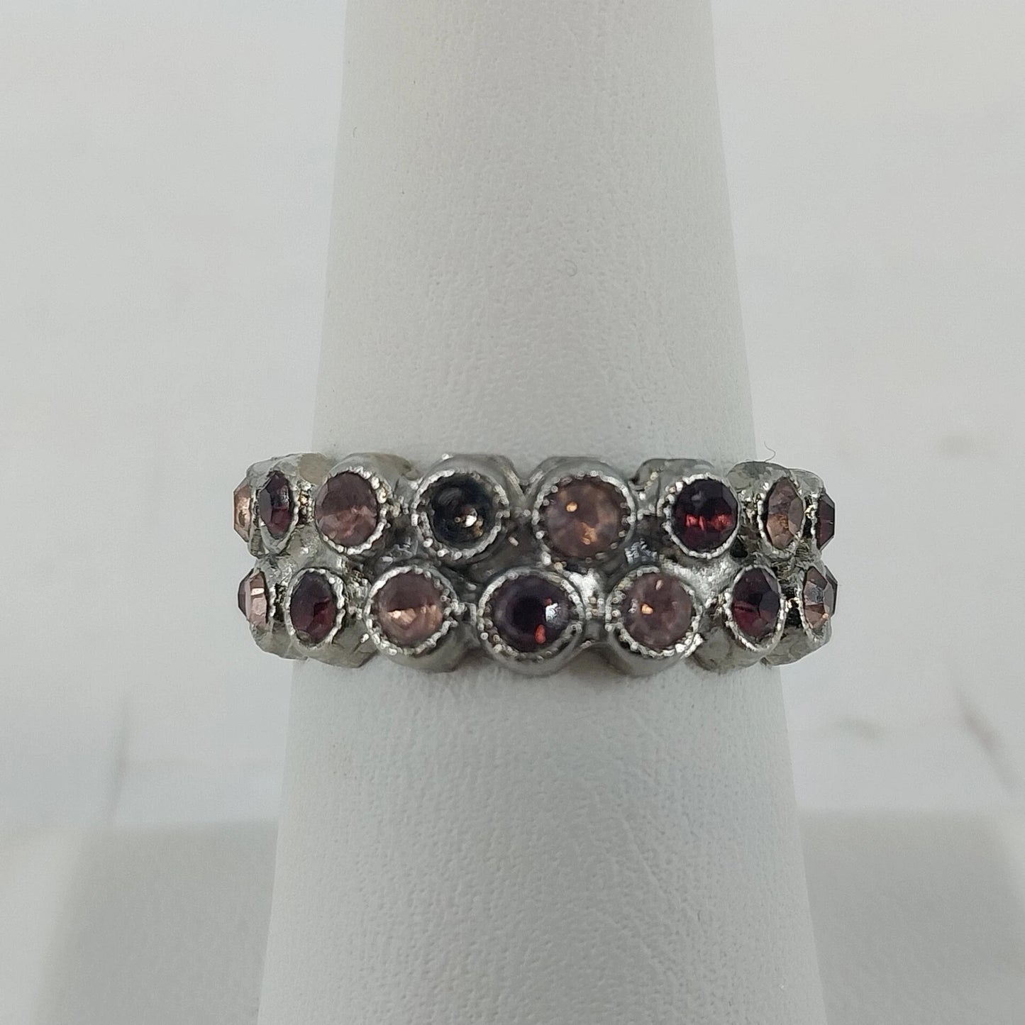 Silver Tone Pink Purple Rhinestone Double Row Band Ring Size 8 Statement Fashion