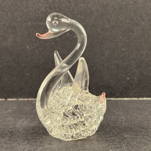 Hand Blown Swan Clear Layered String Glass Miniature 2.5” High Color Accents