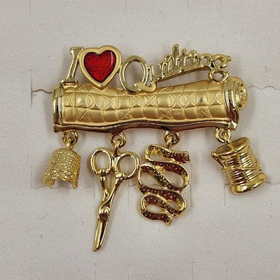 Danecraft Gold Tone I Love Quilting Decorative Brooch Pin Scissor Needle Thread