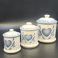 Blue Heart Canister Set 3 Lidded Ceramic Stoneware Farmhouse Kitchen Jars 1980s