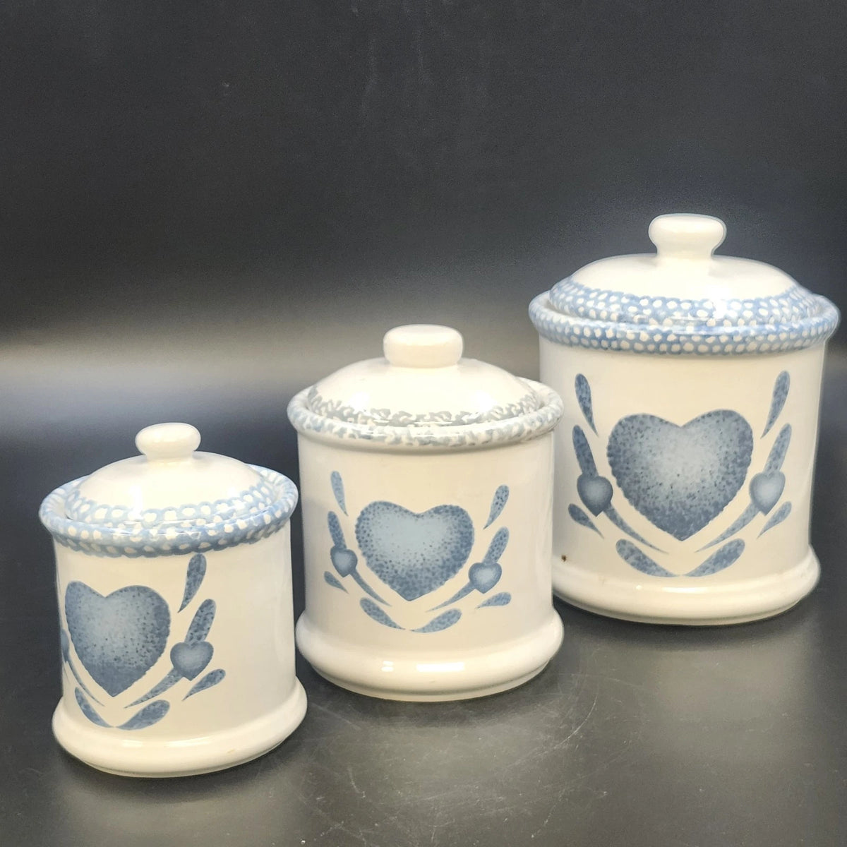 Blue Heart Canister Set 3 Lidded Ceramic Stoneware Farmhouse Kitchen Jars 1980s