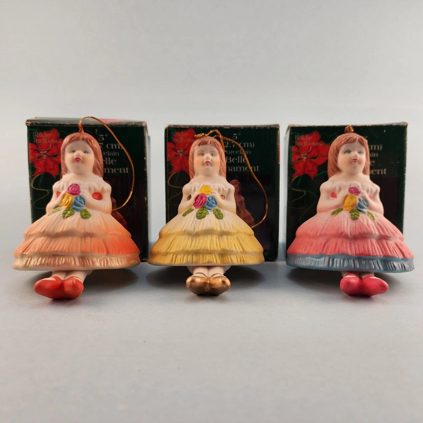 3 Young Girl Christmas Ornaments Porcelain Bell Hanging Leg Chimes w Box Vintage