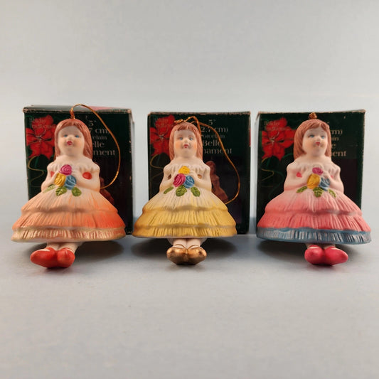 3 Young Girl Christmas Ornaments Porcelain Bell Hanging Leg Chimes w Box Vintage
