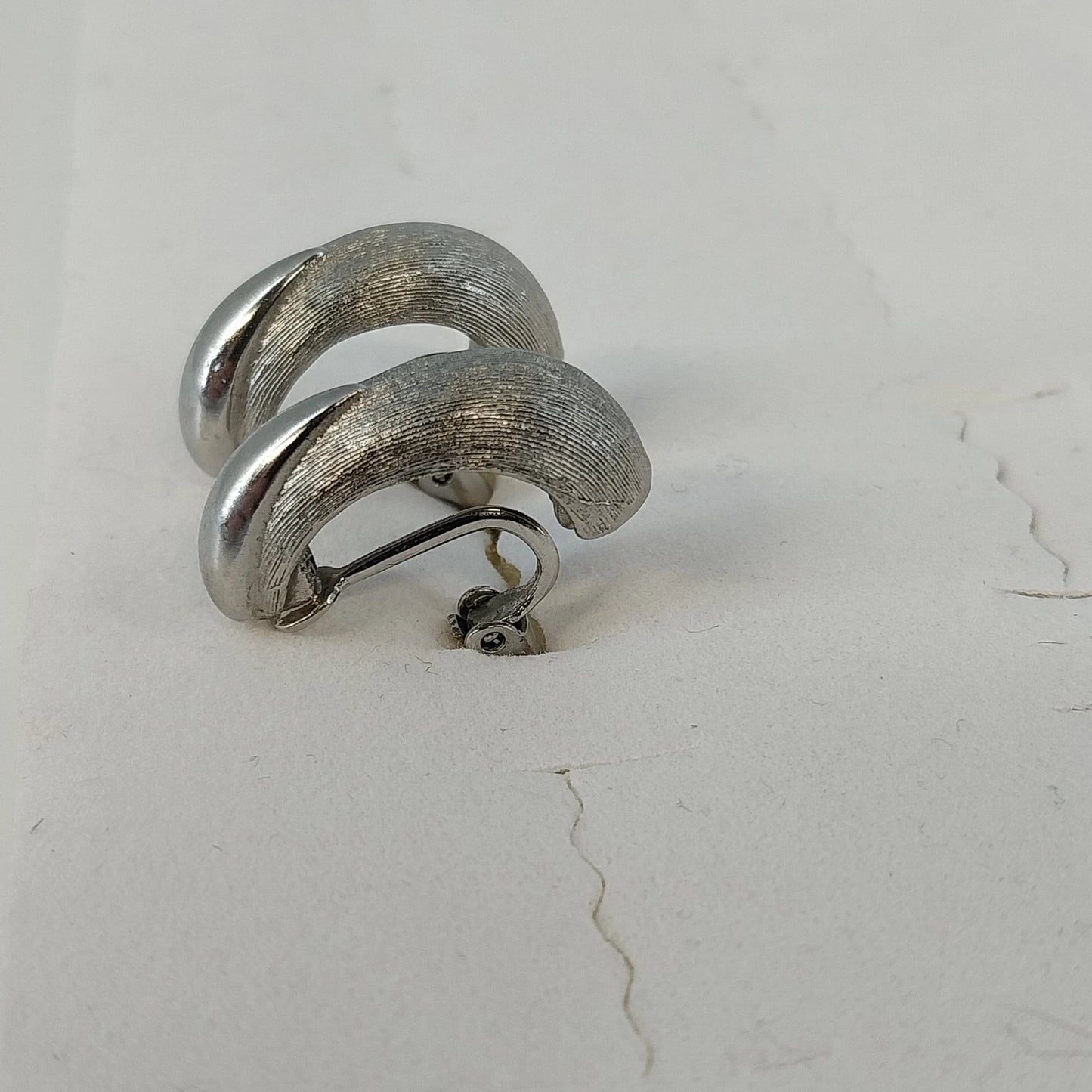 Silver Tone Half Hoop Clip On Earrings Textured Brushed Teardrop Vintage