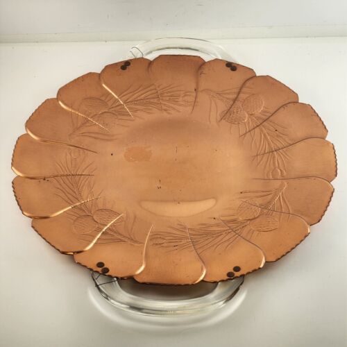 Large 16" Copper Platter Acrylic Handles Petal & Pine Branch Design Scalloped