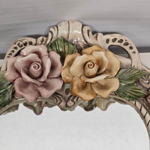 Large Capodimonte Porcelain Mirror Dresser Vanity Tray Roses Hour Glass Shape