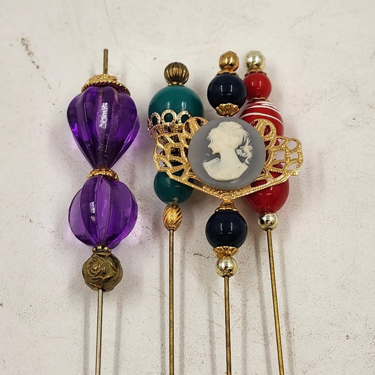 4 Cameo Hat Pins Black Purple Turquoise Red 4" Decorative Vintage Collectible