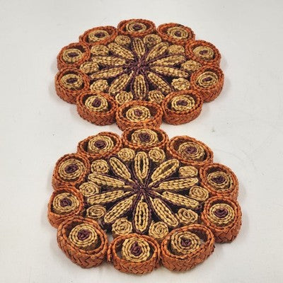 Set of 2 Vtg Straw Rattan Woven Trivets 7" Braided Kitchen Hot Pads Boho Decor