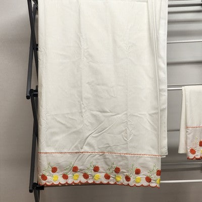 Solid White Twin Flat Sheet and Matching Pillow Case w Red & Yellow Floral Trim