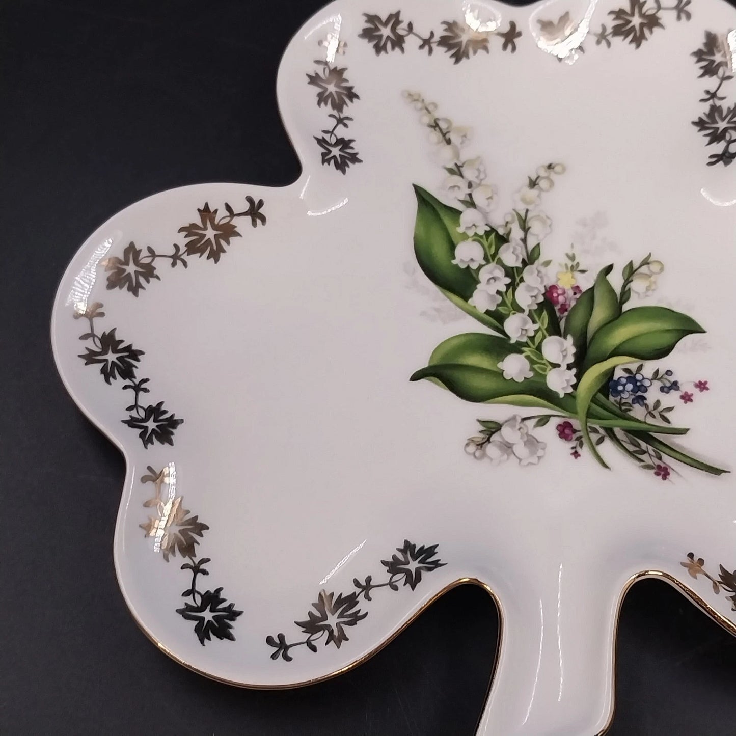 Handmade Czech Porcelain Clover Plate Lily of the Valley Gold Trim Trinket Dish