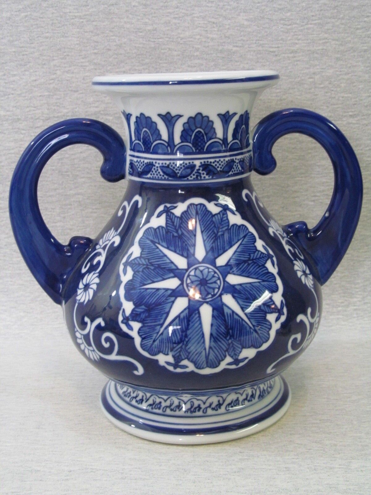 Blue and White Pottery Jar Decorative Piece with Two Handles & Lid