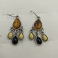 CHAPS Silver Tone Cat Earrings Tiger's Eye White Black Stone Dangle Hook