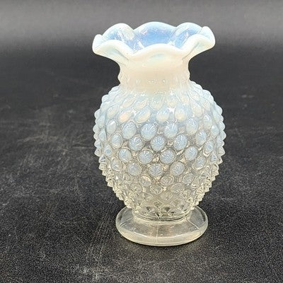 Fenton Moonstone Hobnail Clear White Opalescent Bud Vase 3.75" Ruffle Edge Vtg