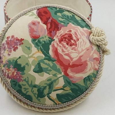 Jan Sevadjian Sewing Hat Box Basket Padded Cord Handle Fabric Covered 10" 1980s