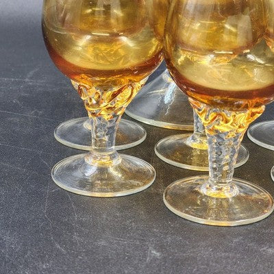 Italian Amber Glass Decanter & 6 Cordials Twisted Stems Clear Handle Vtg Elegant