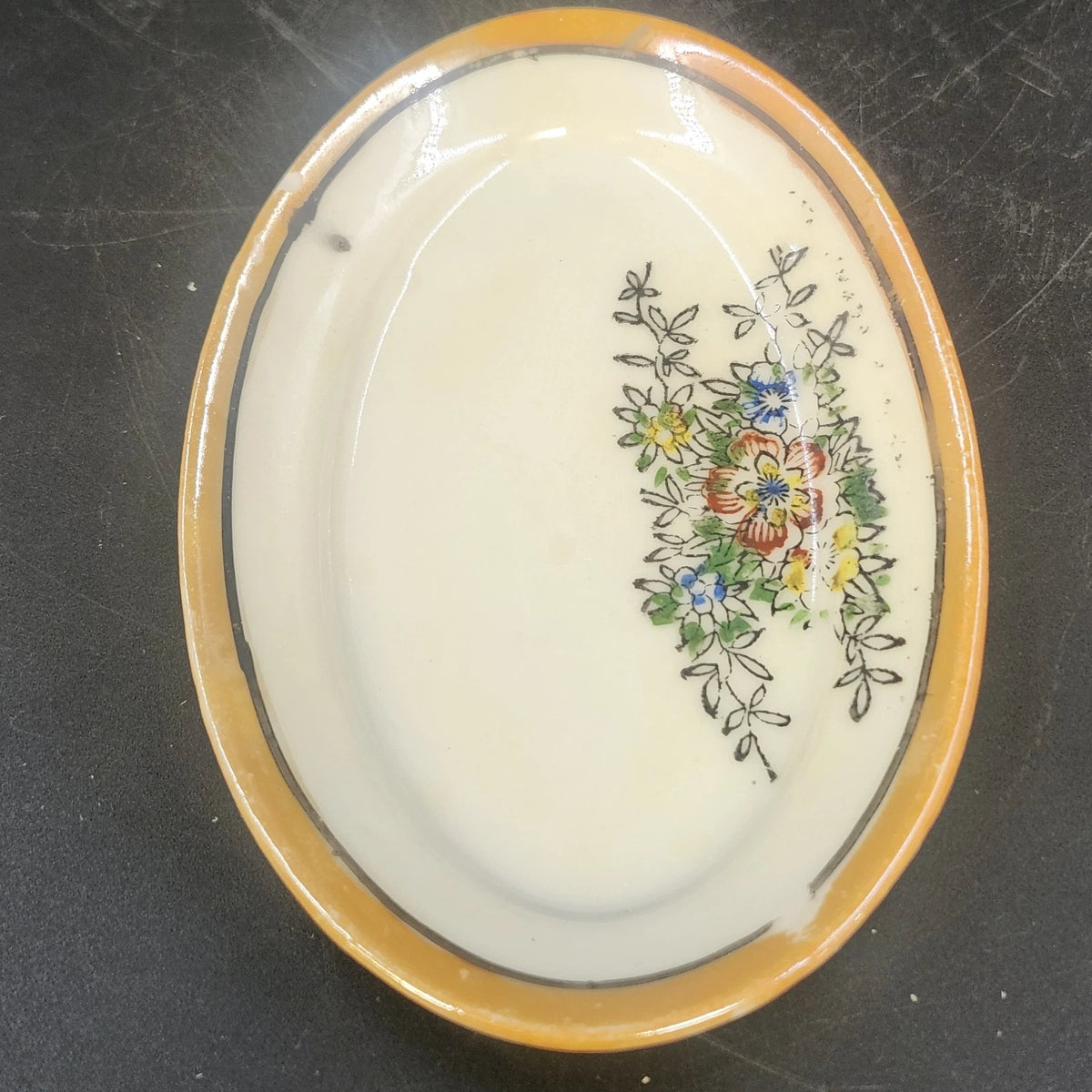 Porcelain Oval Serving Dish 5" Hand Painted Floral Orange Black Trim Japan