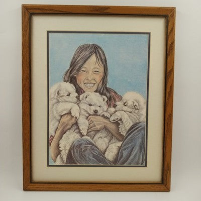 Patti Lindstrand Signed Print Stolen Glimpse Alaskan Puppies Framed Matted 1985