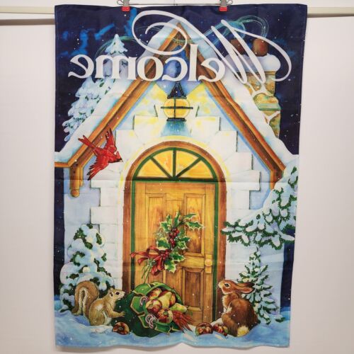 Winter Cottage House Flag Briarwood Lane by Donna Race 28" x 40" Vintage
