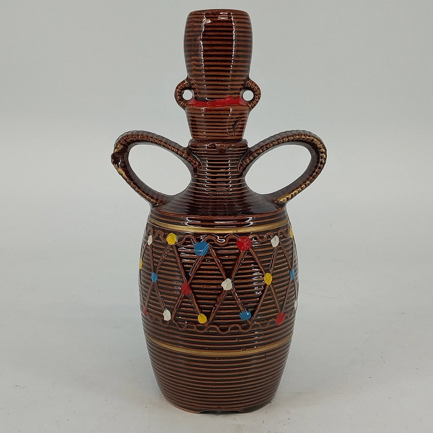 Japanese Brown Rickshaw Decanter Saki Shot Stopper Ceramic Hand Painted Barware
