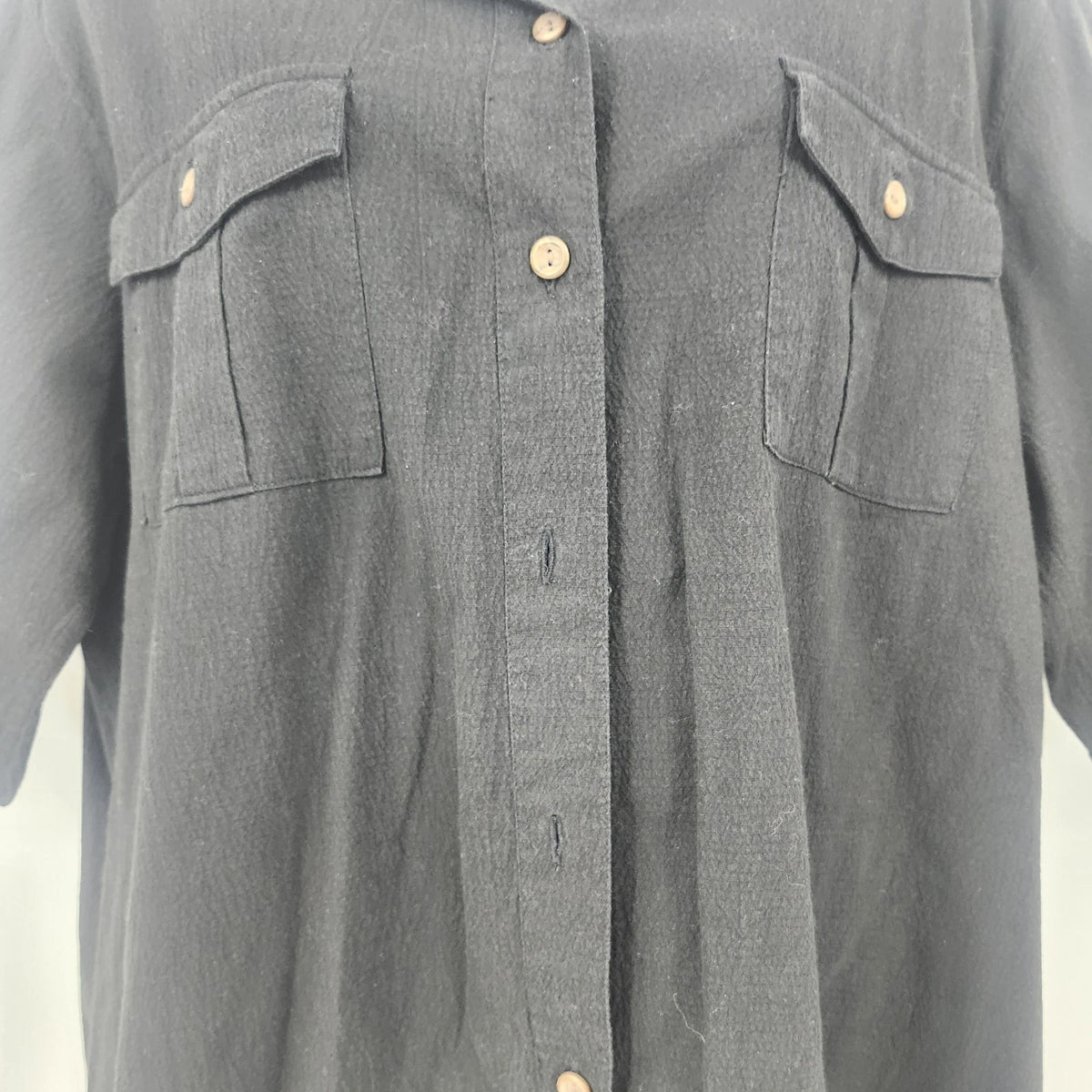White Stag Women XL 16-18 Black Cotton Stretch Button Front Roll Tab Sleeve Top