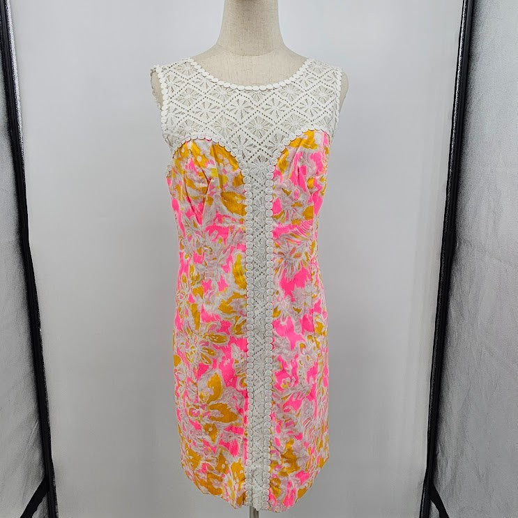 Lilly Pulitzer Sz 8 Pink White Lace Lined Back Zip Sleeveless Retro Dress