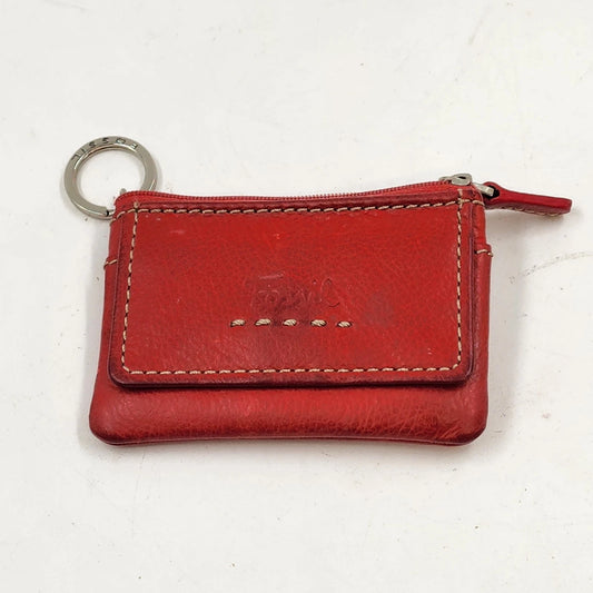 Fossil Red Leather Mini Wallet ID Window Keychain Coin Zip Pouch 4.25"