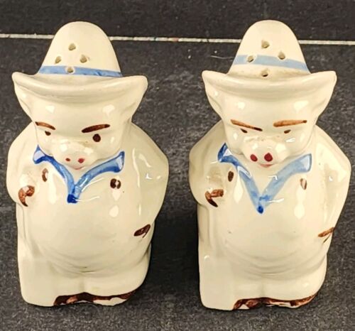 Smiley Farmer Pig Salt Pepper Shakers 1940's Shawnee Ceramic 3.5"h Vintage