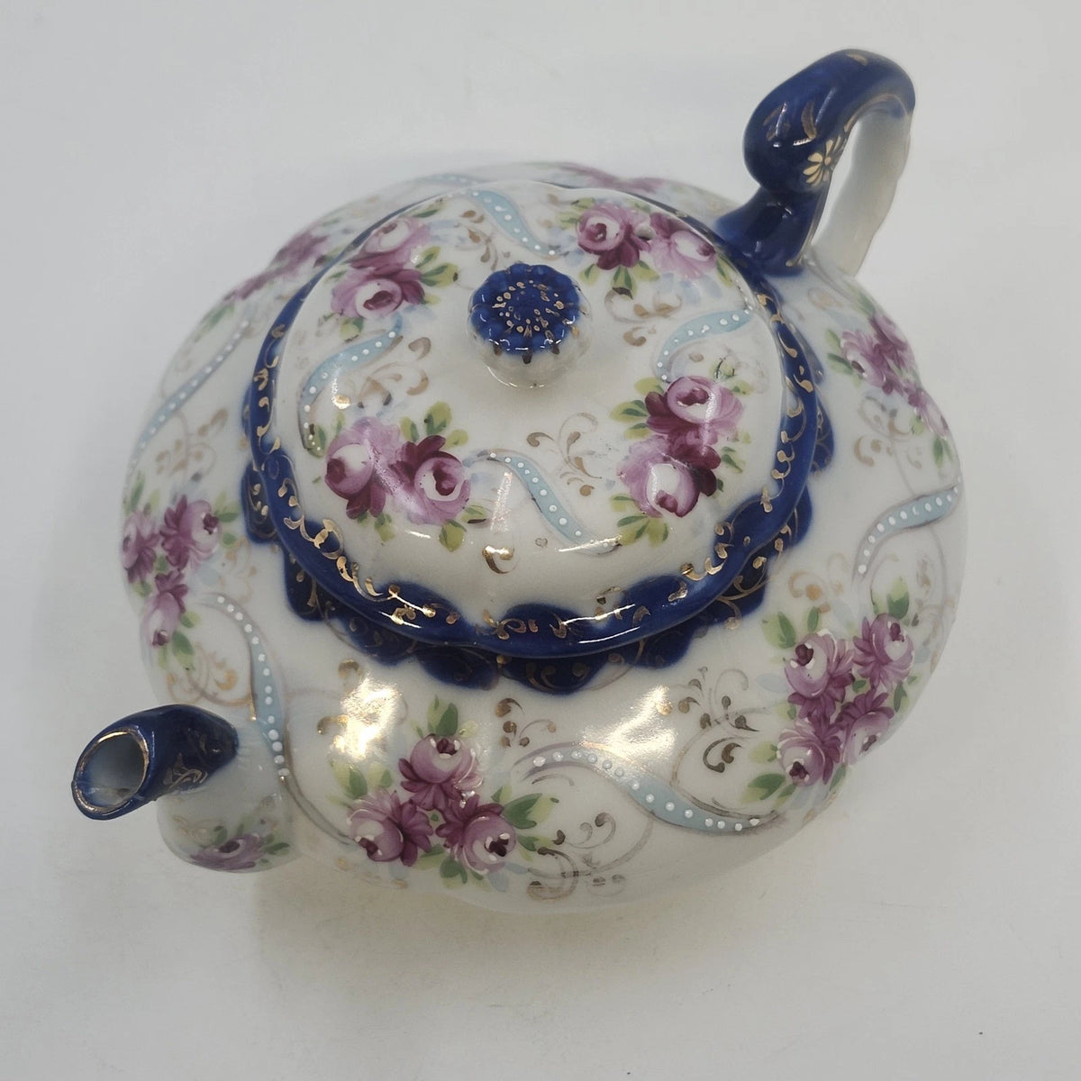 Hand Painted Porcelain Teapot 7.5"Pink Roses Cobalt Blue Gold Accents w Lid Vtg