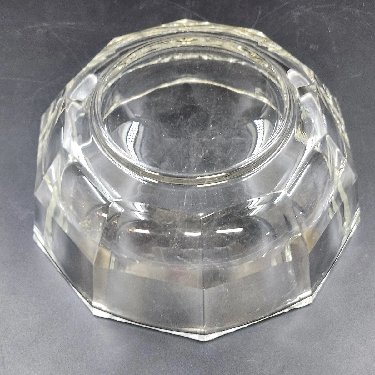 Clear Glass 10 Sided Serving Bowl 8.5" Heavy Paneled Thick Faceted Sides Vtg