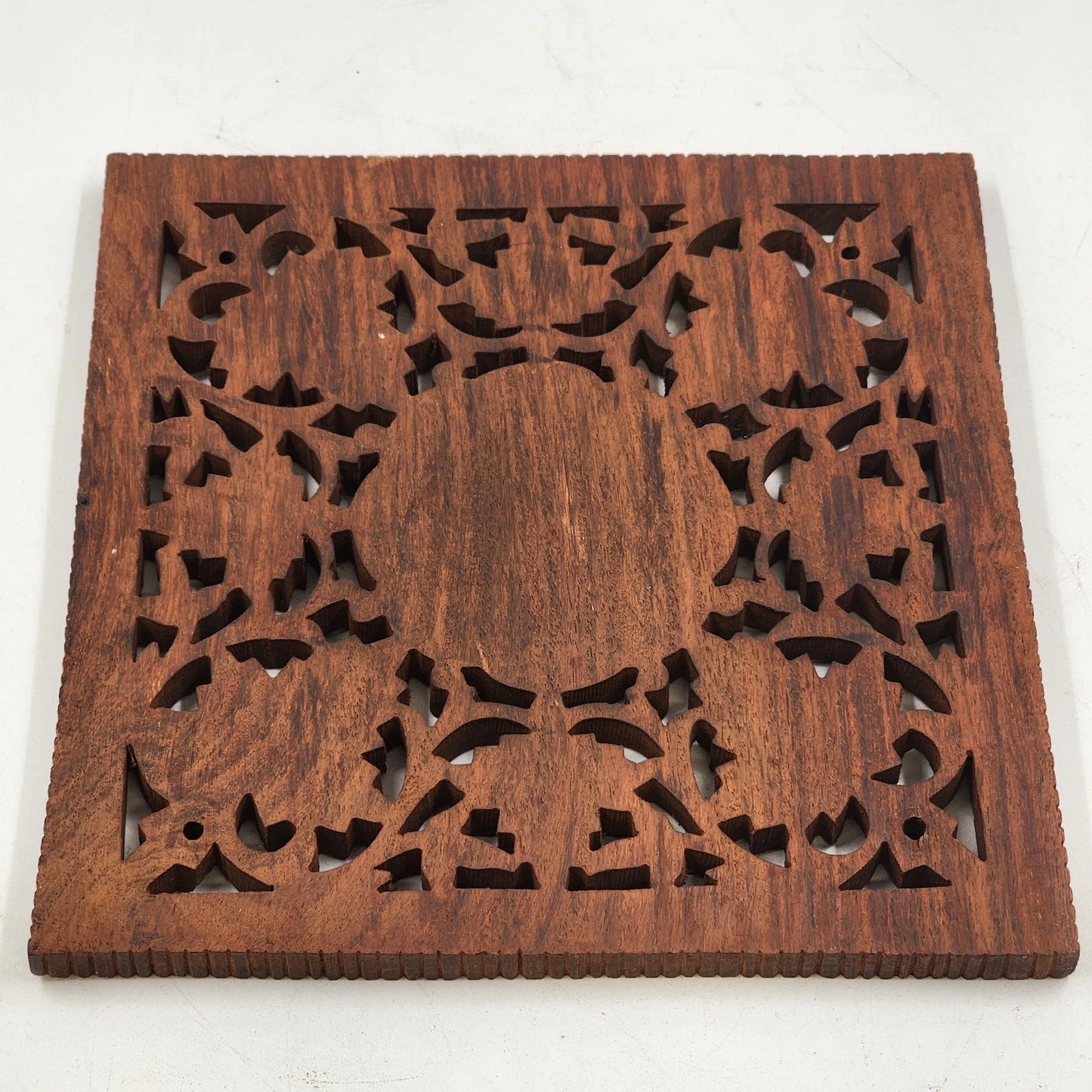 Hand Carved Wood Trivet 8" Square Gold Inlay Floral Leaves Design India Vintage