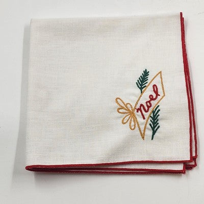 Set of 6 White Christmas Napkins 16" Red Hem Embroidered Holiday Designs