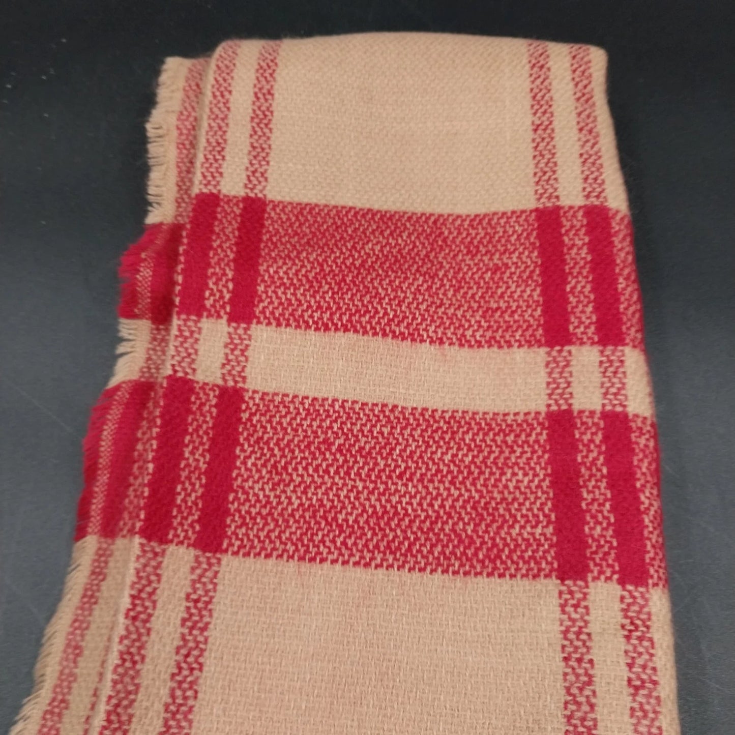 Beige Red Plaid Wool Rectangle Scarf 72"x32" Tartan Fringe Wrap Shawl Neckwarmer