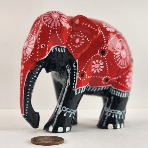 Red and Black Lacquer Painted Elephant Hand Carved Wood Vintage 3"h