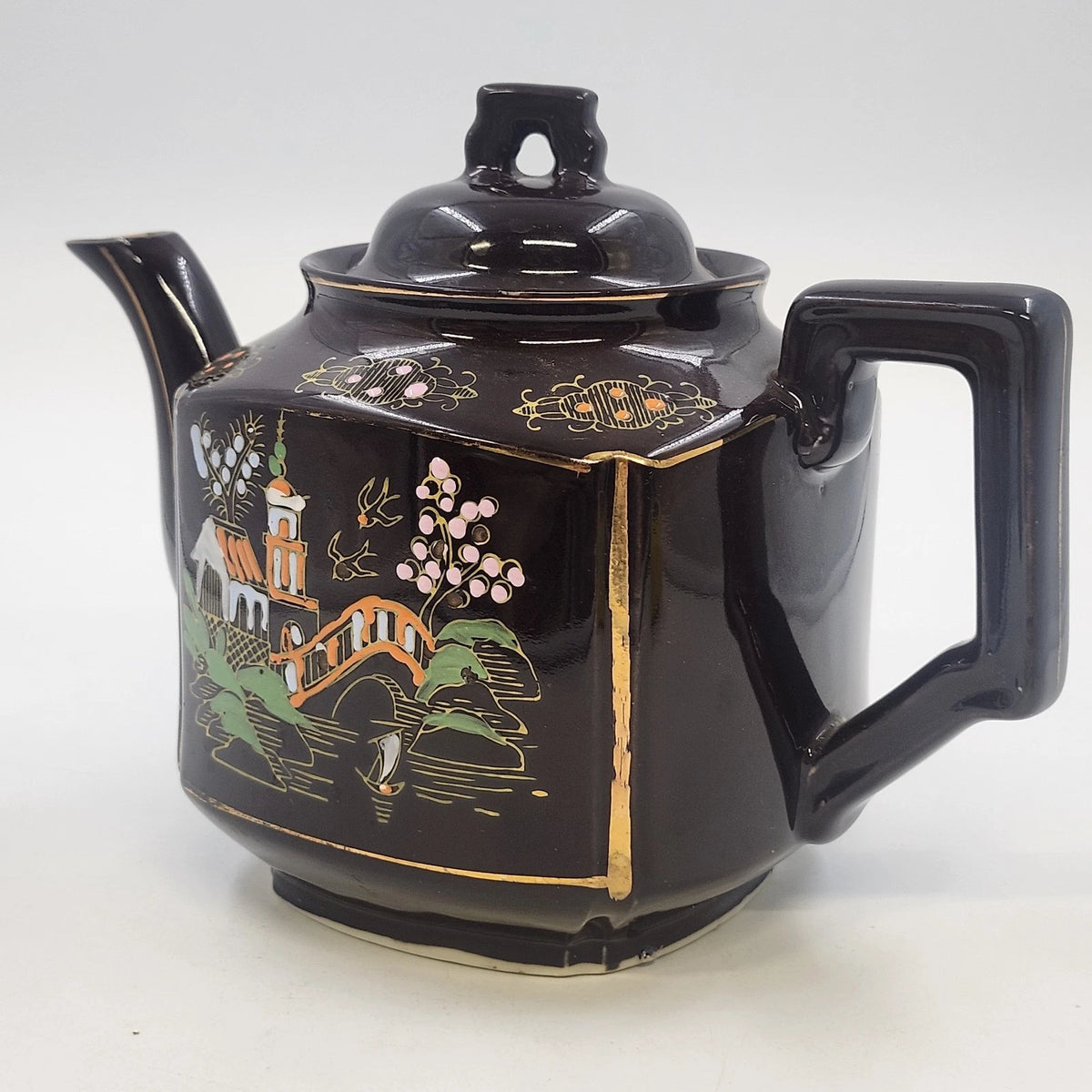 Japan Brown Ceramic Teapot Hand Painted Asian Landscape Gold Trim 6"h Lid Handle