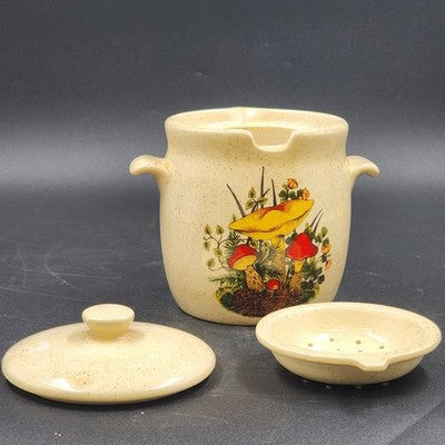 Ceramic Grease Drippings Jar w Lid Strainer Mushroom Homemade Pottery 1981 Vtg