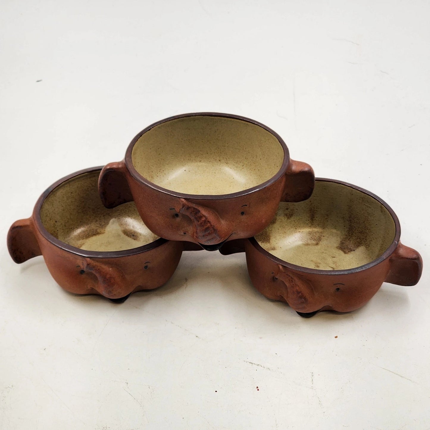 3 UCTCI Japan Elephant Face & Ear Bowls Brown Ceramic 4" x 2" Vintage Set